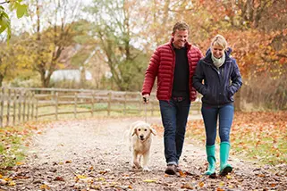 Couple walking with dog in the forest